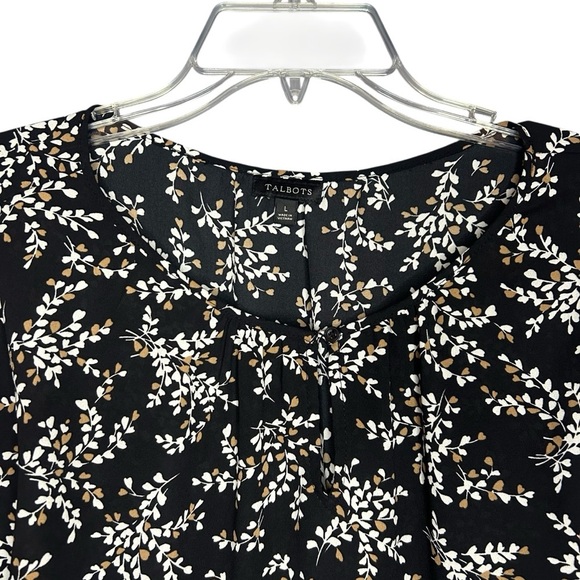 Talbots Floral Black and White Blouse Shirt Polyester Black tan Size Large - Picture 11 of 11